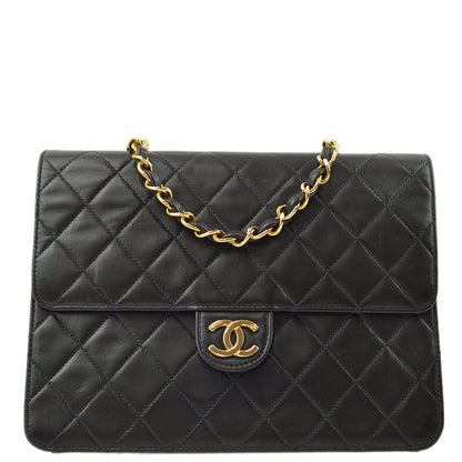 Chanel 1997-1999 Black Lambskin Pushlock Small Half Flap Shoulder Bag