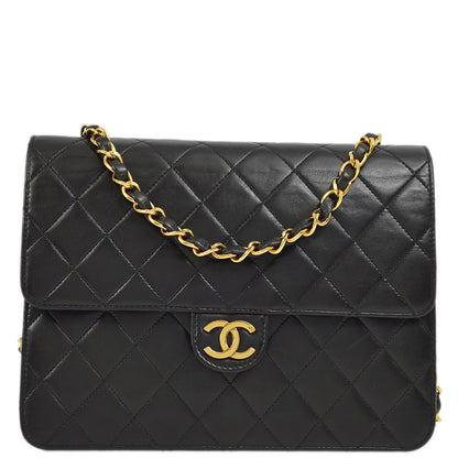 Chanel 1994-1996 Black Lambskin Pushlock Small Half Flap Shoulder Bag