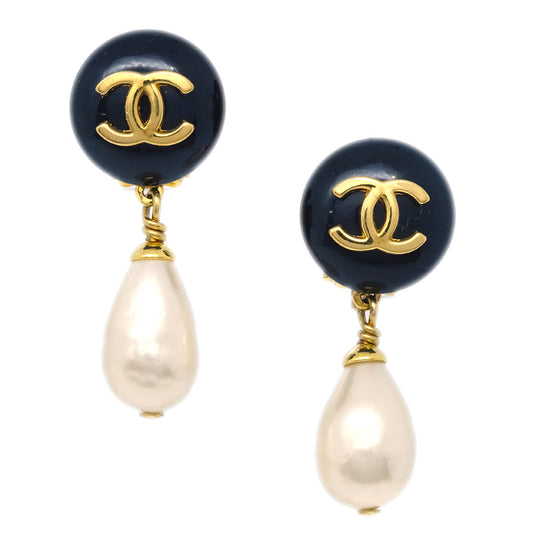 Chanel Artificial Pearl Dangle Earrings Clip-On Gold 96P