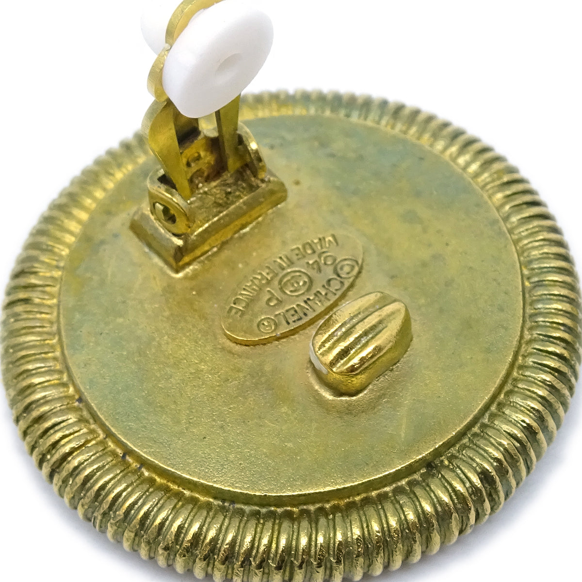 Chanel Button Earrings Shell Clip-On Gold 94P