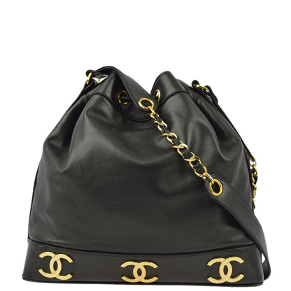 Chanel 1991-1994 Black Lambskin Triple CC Bucket Shoulder Bag