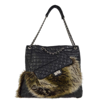 Chanel 2009-2010 Black Calfskin Fur Mademoiselle Lock 2way Tote Handbag