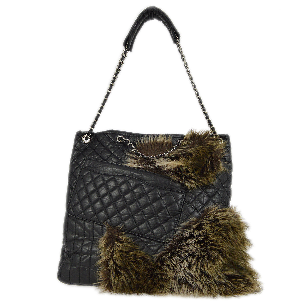 Chanel 2009-2010 Black Calfskin Fur Mademoiselle Lock 2way Tote Handbag