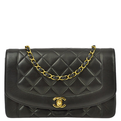 Chanel 1991-1994 Black Lambskin Medium Diana Shoulder Bag
