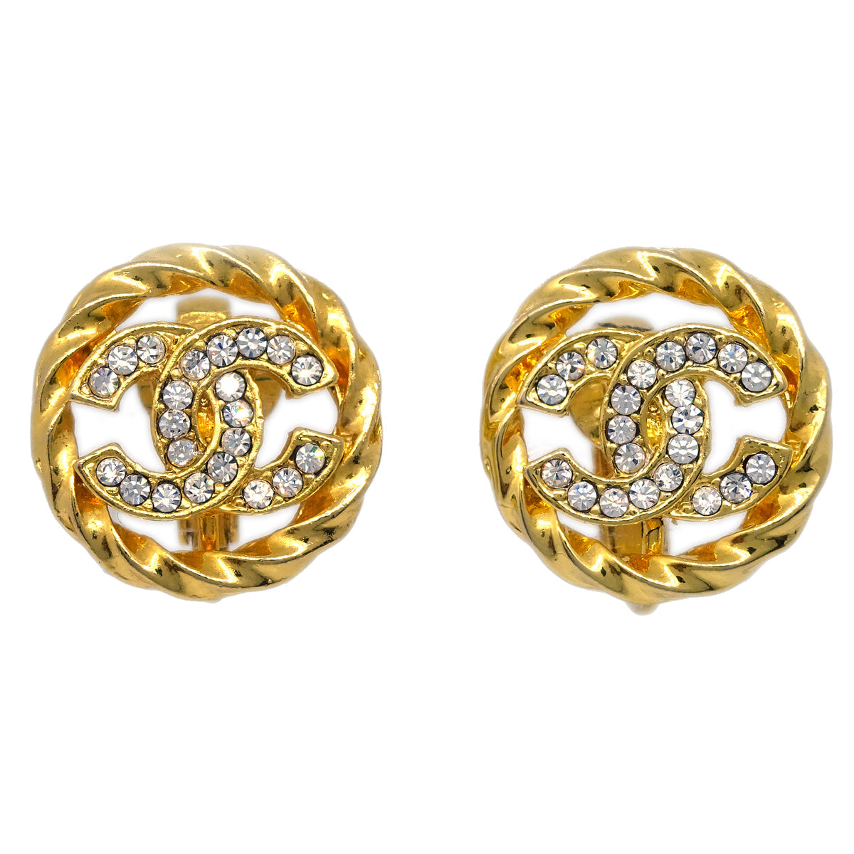 Chanel Gold Button Earrings Clip-On Rhinestone 2137