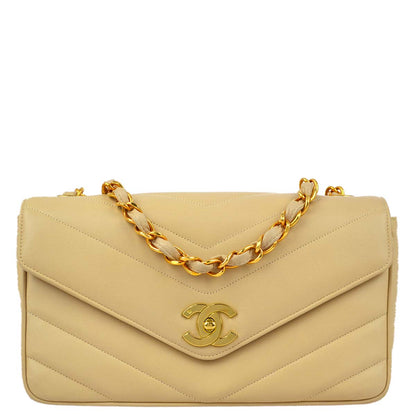Chanel 1994-1996 Beige Lambskin Chevron Shoulder Bag