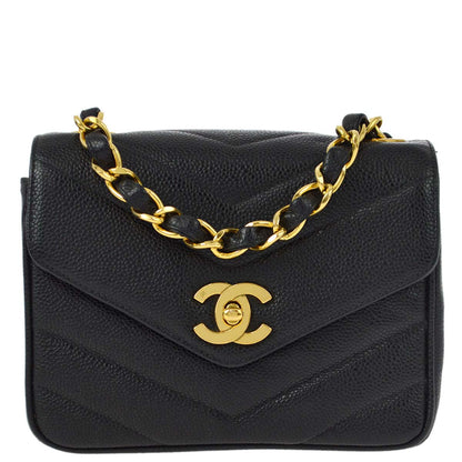 Chanel 1994-1996 Black Caviar Chevron Mini Square Shoulder Bag 17