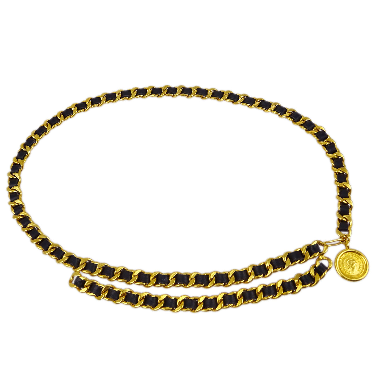 Chanel Gold Black Medallion Chain Belt 95P Small Good