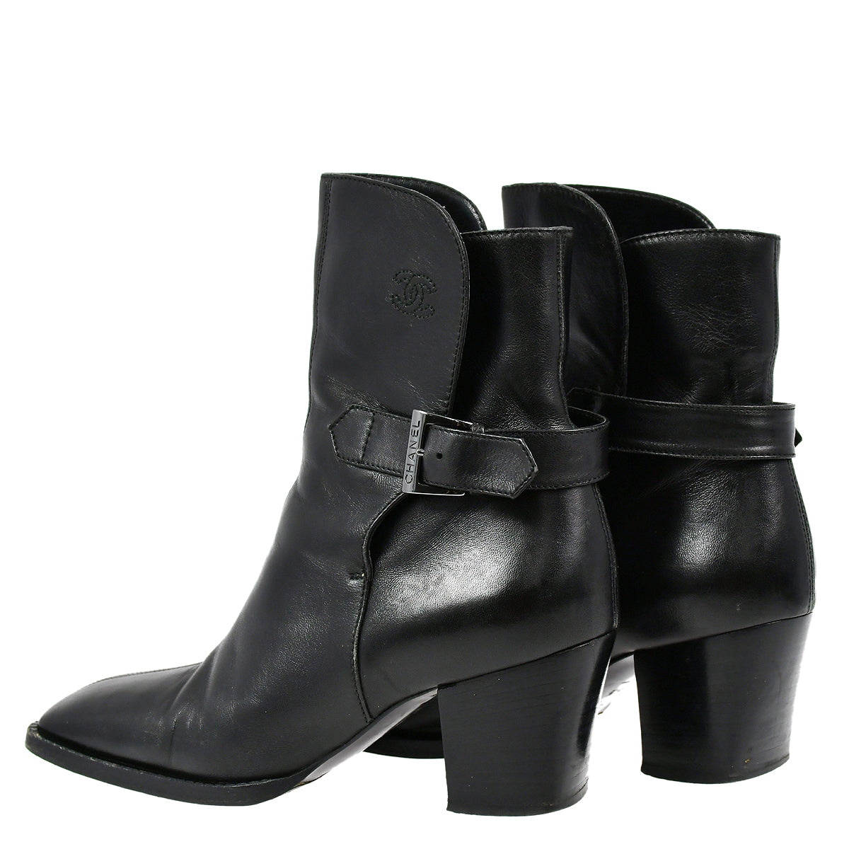 Chanel * Black Leather Short Boots Shoes #36 1/2