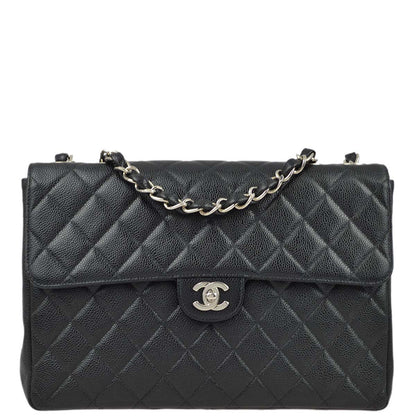 Chanel 2000-2001 Black Caviar Jumbo Classic Flap Shoulder Bag