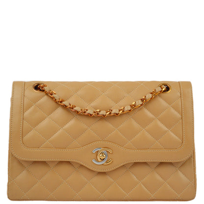 Chanel 1991-1994 Beige Lambskin Paris Limited Medium Double Flap Shoulder Bag