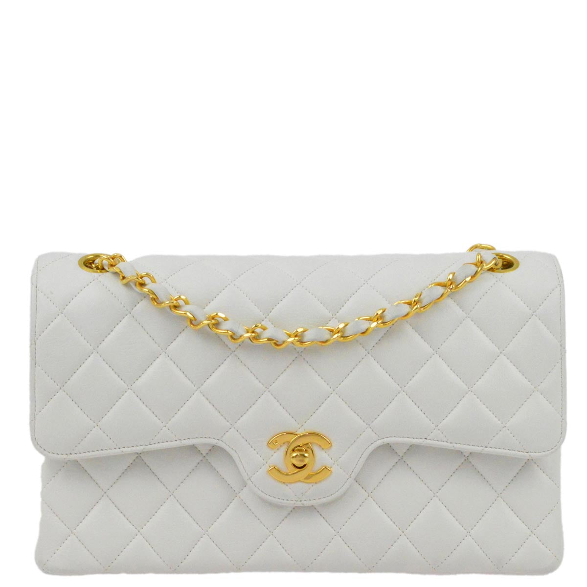Chanel 1991-1994 White Lambskin Medium Double Flap Shoulder Bag