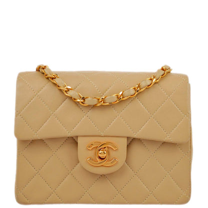 Chanel 1991-1994 Beige Lambskin Mini Classic Square Flap Shoulder Bag 17