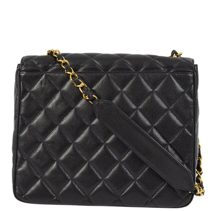 Chanel 1991-1994 Black Caviar Straight Flap Shoulder Bag