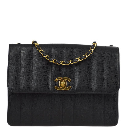 Chanel 1994-1996 Black Caviar Mademoiselle Straight Flap Shoulder Bag
