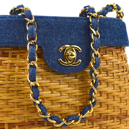 Chanel * 1997-1999 Beige Rattan Denim Basket Chain Shoulder Bag