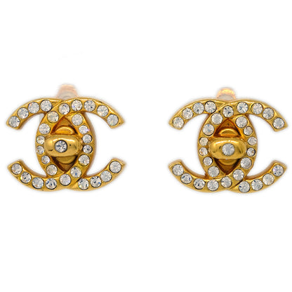 Chanel Gold CC Turnlock Earrings Rhinestone Clip-On 96A
