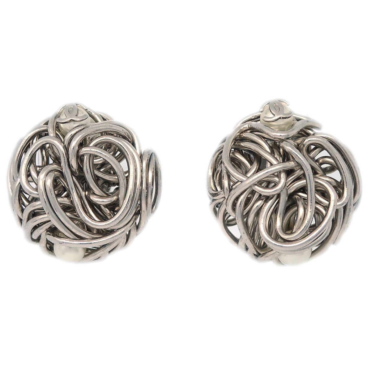 Chanel Button Earrings Clip-On Artificial Pearl Silver 97A