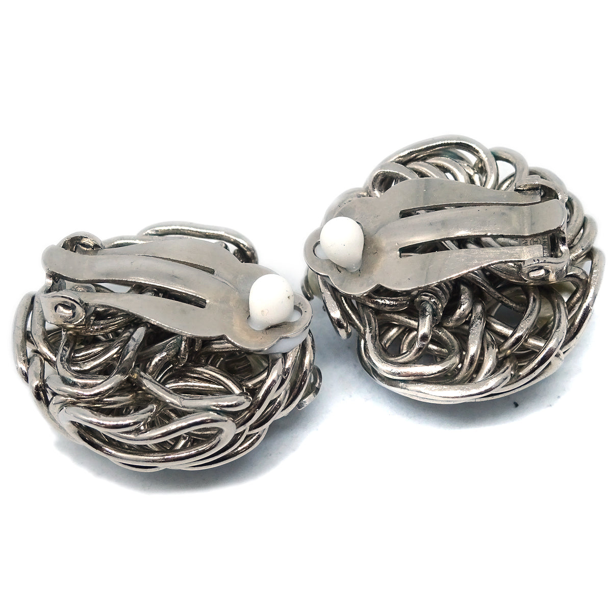 Chanel Button Earrings Clip-On Artificial Pearl Silver 97A