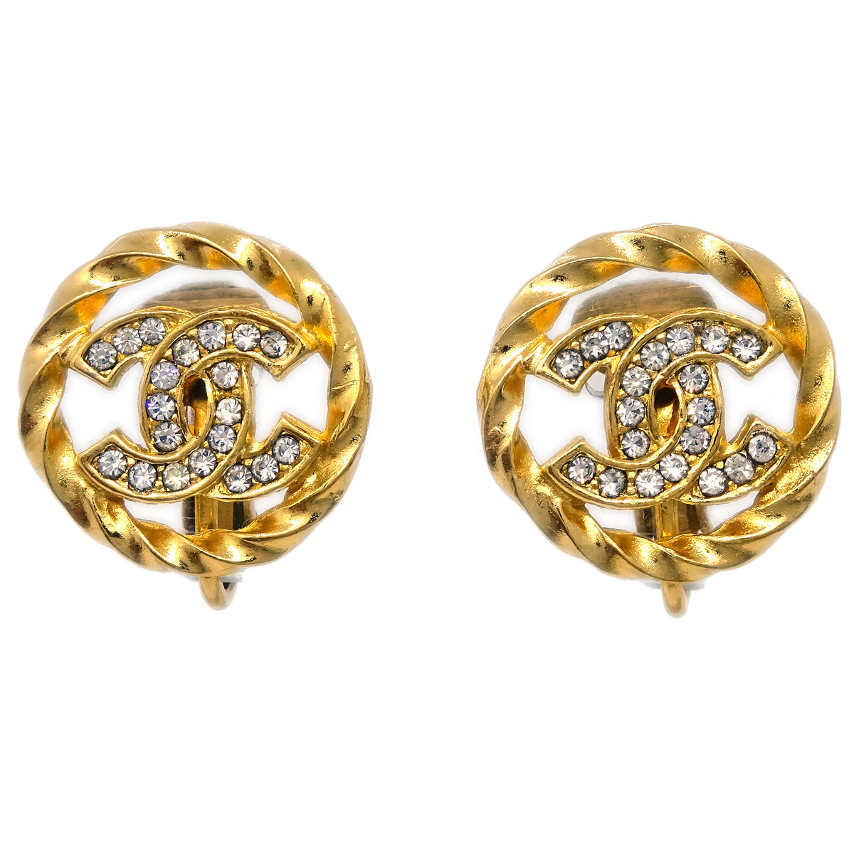 Chanel Gold Button Earrings Clip-On Rhinestone 2137
