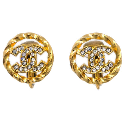Chanel Gold Button Earrings Clip-On Rhinestone 2137