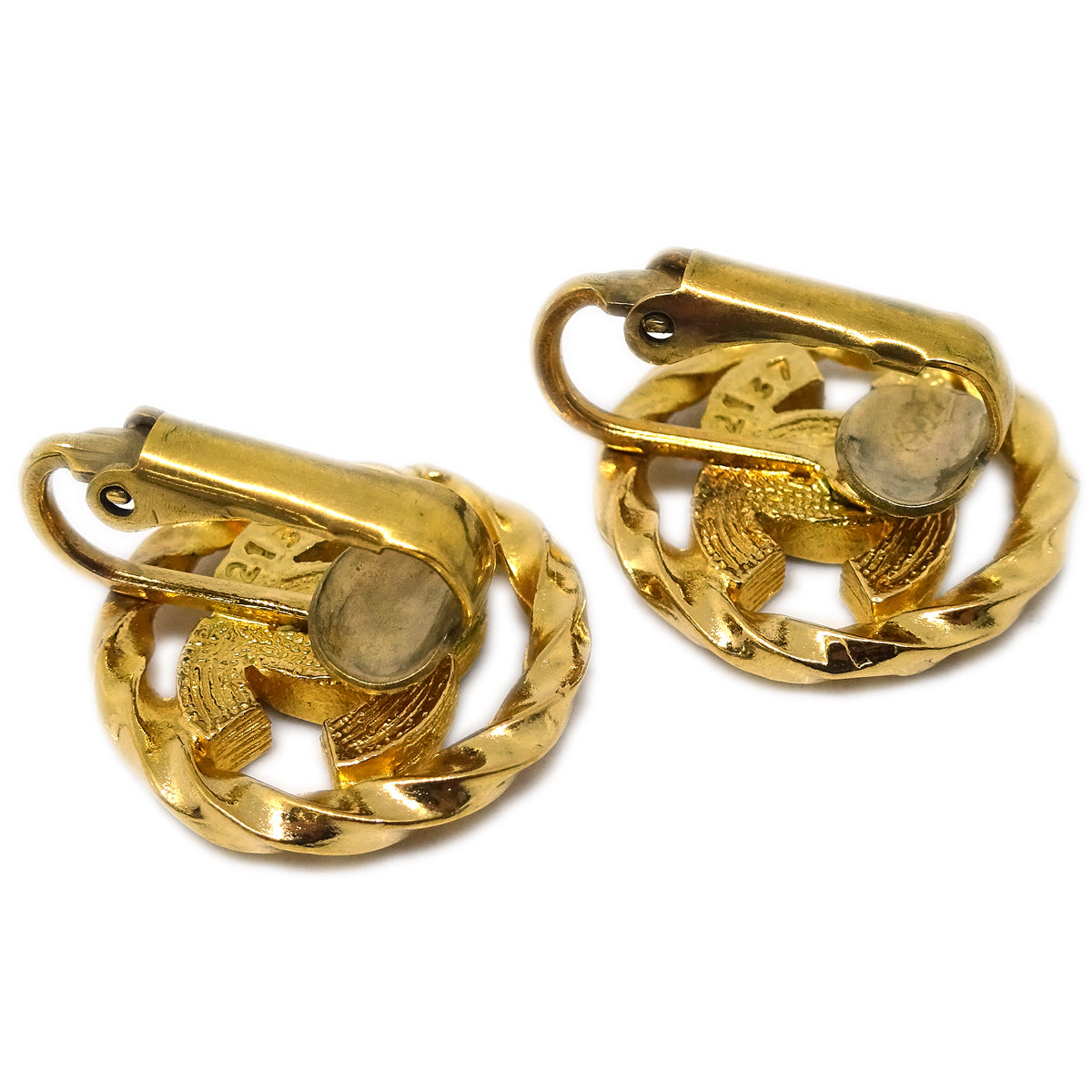 Chanel Gold Button Earrings Clip-On Rhinestone 2137
