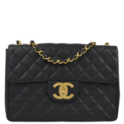 Chanel 1994-1996 Black Caviar Jumbo Classic Flap Shoulder Bag