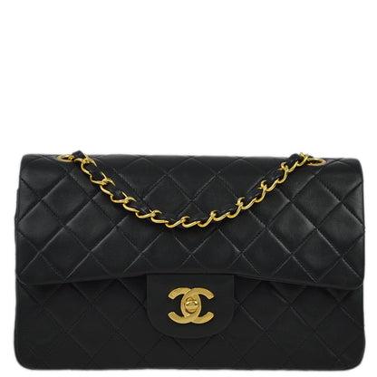 Chanel 1991-1994 Black Lambskin Small Classic Double Flap Shoulder Bag