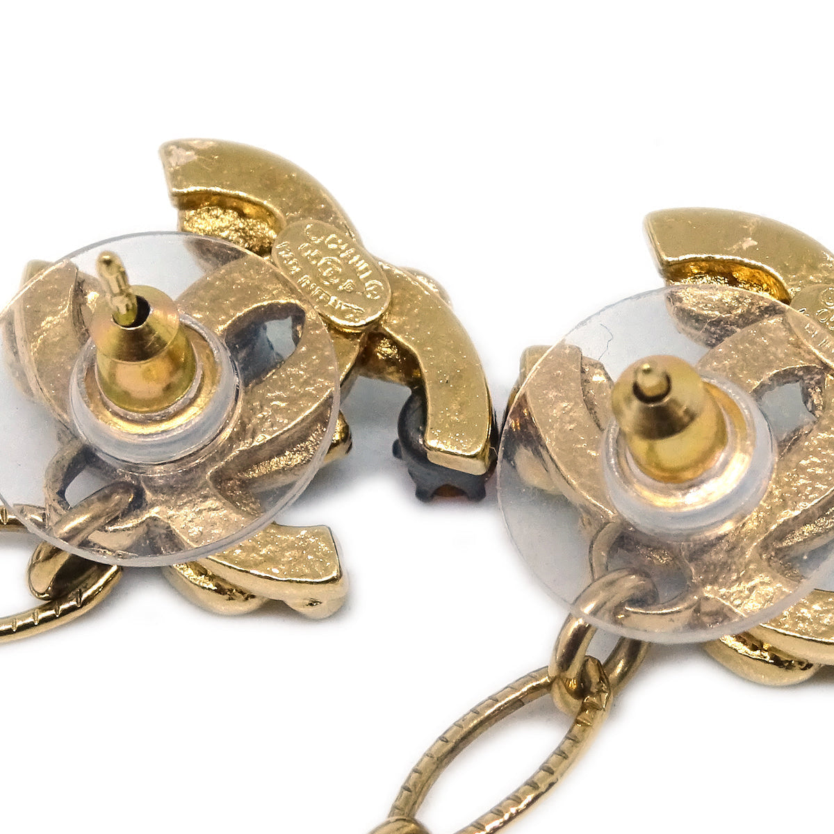 Chanel Costume Pearl Rhinestone Dangle Earrings Gold 05P