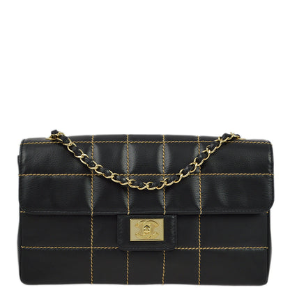Chanel 2001-2003 Black Calfskin Wild Stitch Choco Bar Single Flap Shoulder Bag