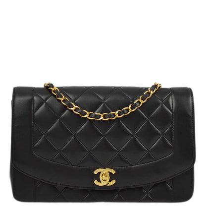 Chanel 1991-1994 Black Lambskin Medium Diana Shoulder Bag