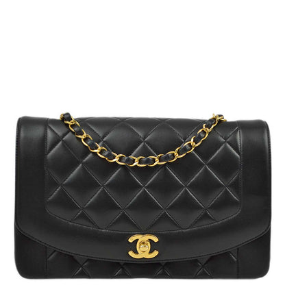 Chanel 1991-1994 Black Lambskin Medium Diana Shoulder Bag