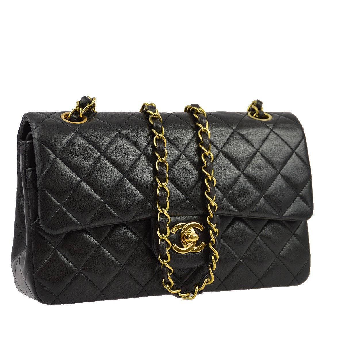 Chanel 1991-1994 Black Lambskin Small Classic Double Flap Shoulder Bag