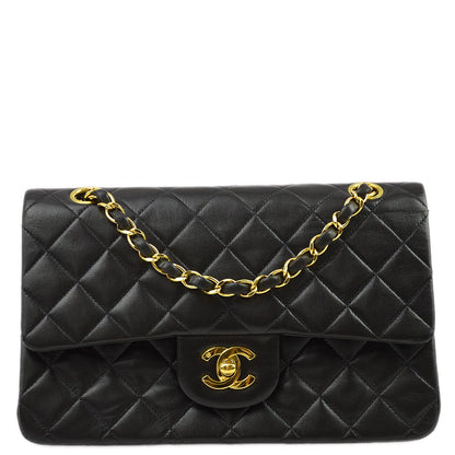 Chanel 1991-1994 Black Lambskin Small Classic Double Flap Shoulder Bag