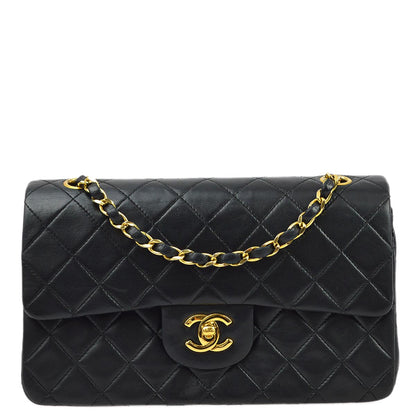 Chanel 1986-1988 Black Lambskin Small Classic Double Flap Shoulder Bag