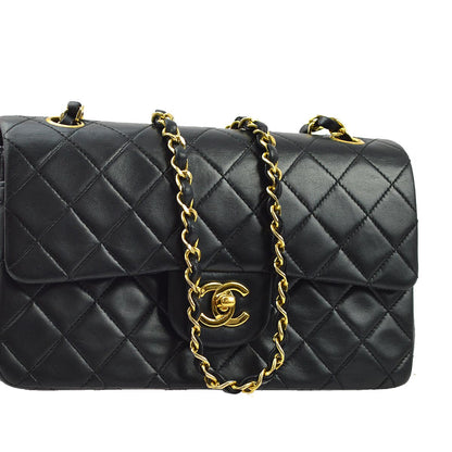 Chanel 1986-1988 Black Lambskin Small Classic Double Flap Shoulder Bag