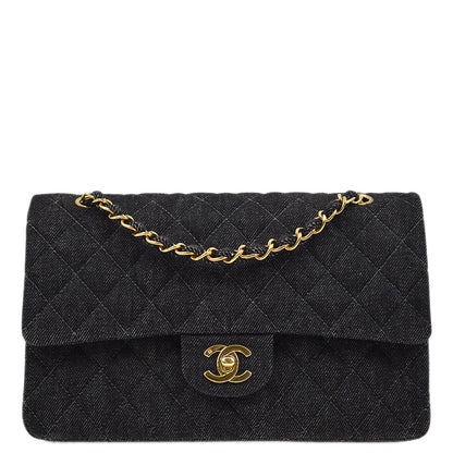 Chanel 1997-1999 Black Denim Medium Classic Double Flap Shoulder Bag