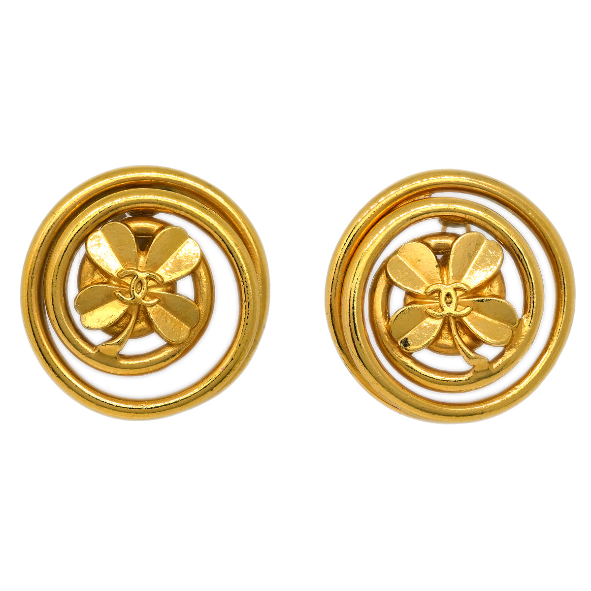Chanel Button Clover Earrings Clip-On Gold 29