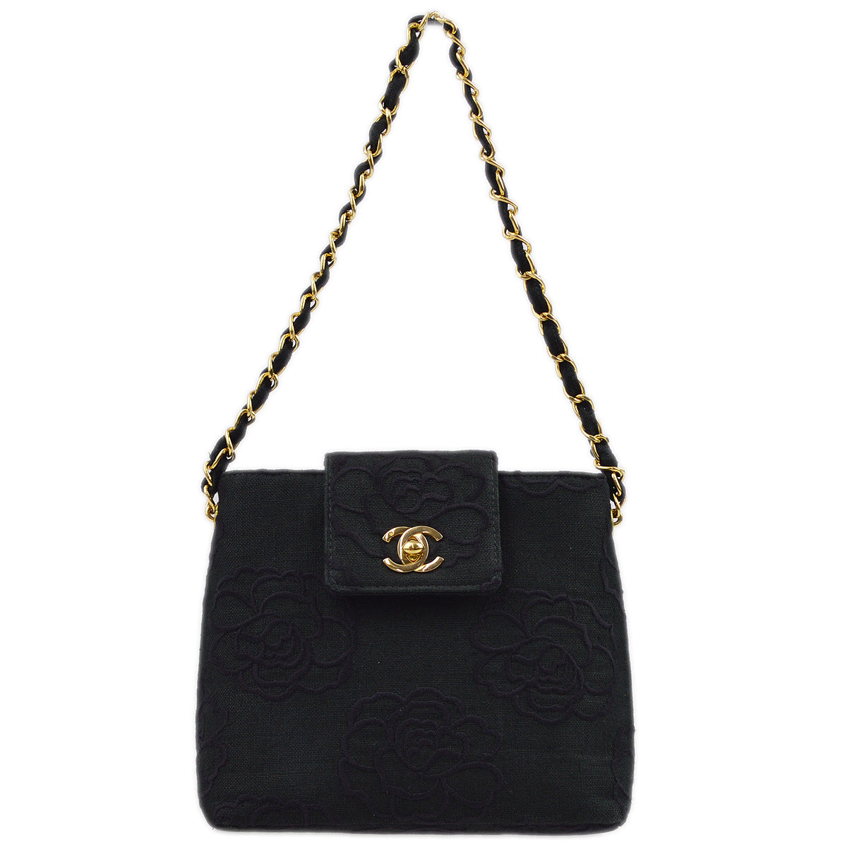 Chanel 1997-1999 Black Canvas Camelia Chain Handbag