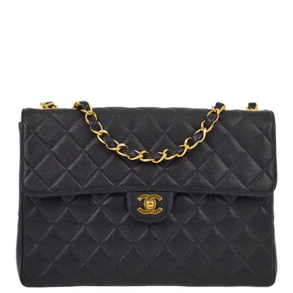 Chanel 2000-2001 Black Caviar Jumbo Classic Flap Shoulder Bag