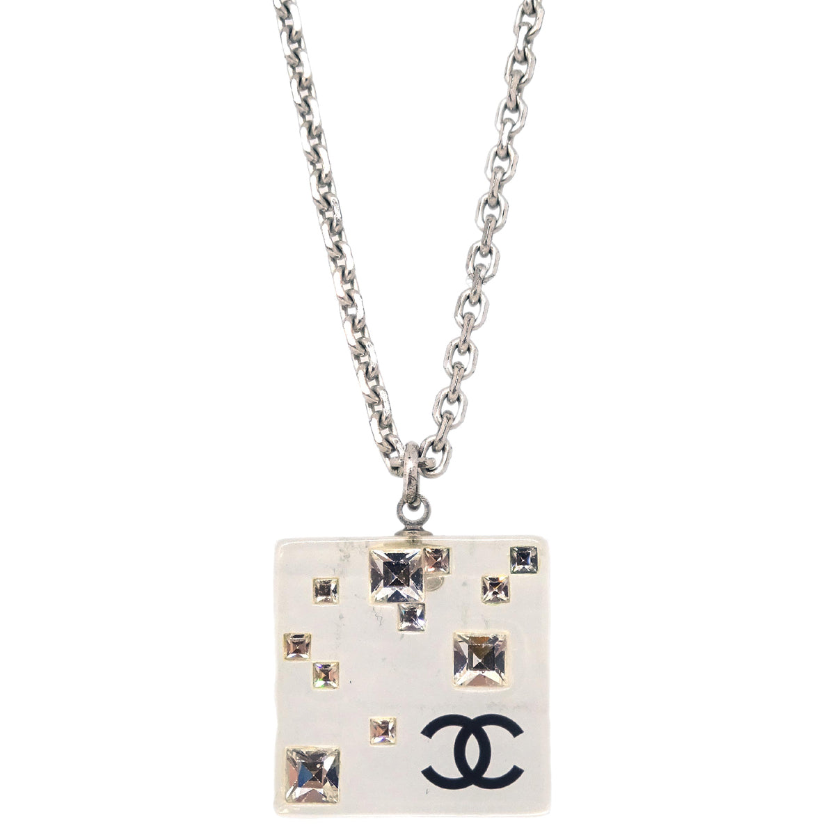 Chanel Silver Square Necklace Pendant Rhinestone 05A