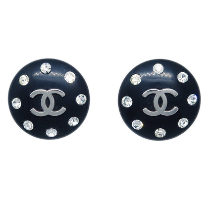 Chanel Button Earrings Clip-On Rhinestone Black 96P