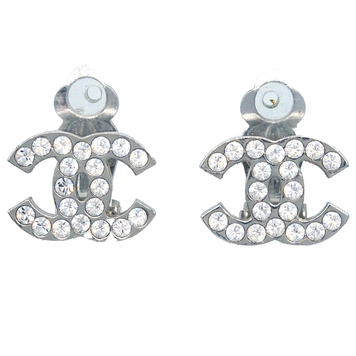 Chanel CC Rhinestone Earrings Clip-On Silver 06V