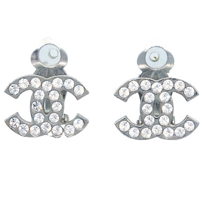 Chanel CC Rhinestone Earrings Clip-On Silver 06V