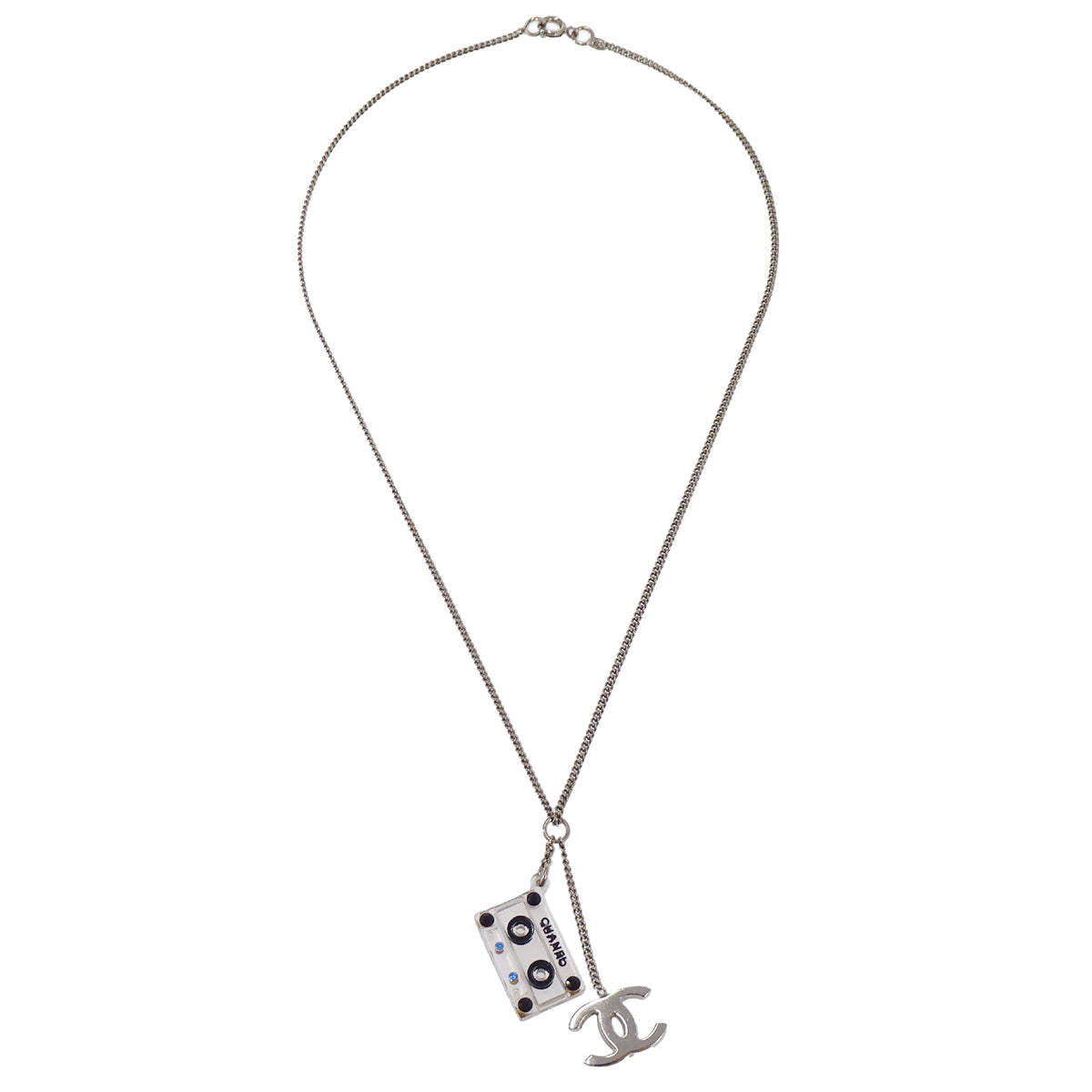 Chanel CC Cassette Tape Chain Pendant Necklace Rhinestone Silver 04P