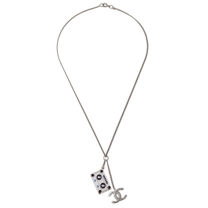 Chanel CC Cassette Tape Chain Pendant Necklace Rhinestone Silver 04P