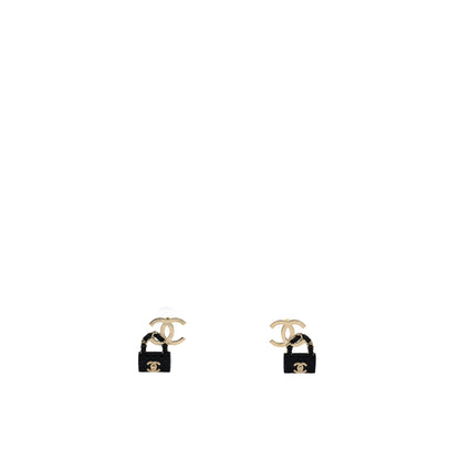 Metal Resin Lambskin Quilted CC Turnlock Chain Flap Bag Earrings Black Gold