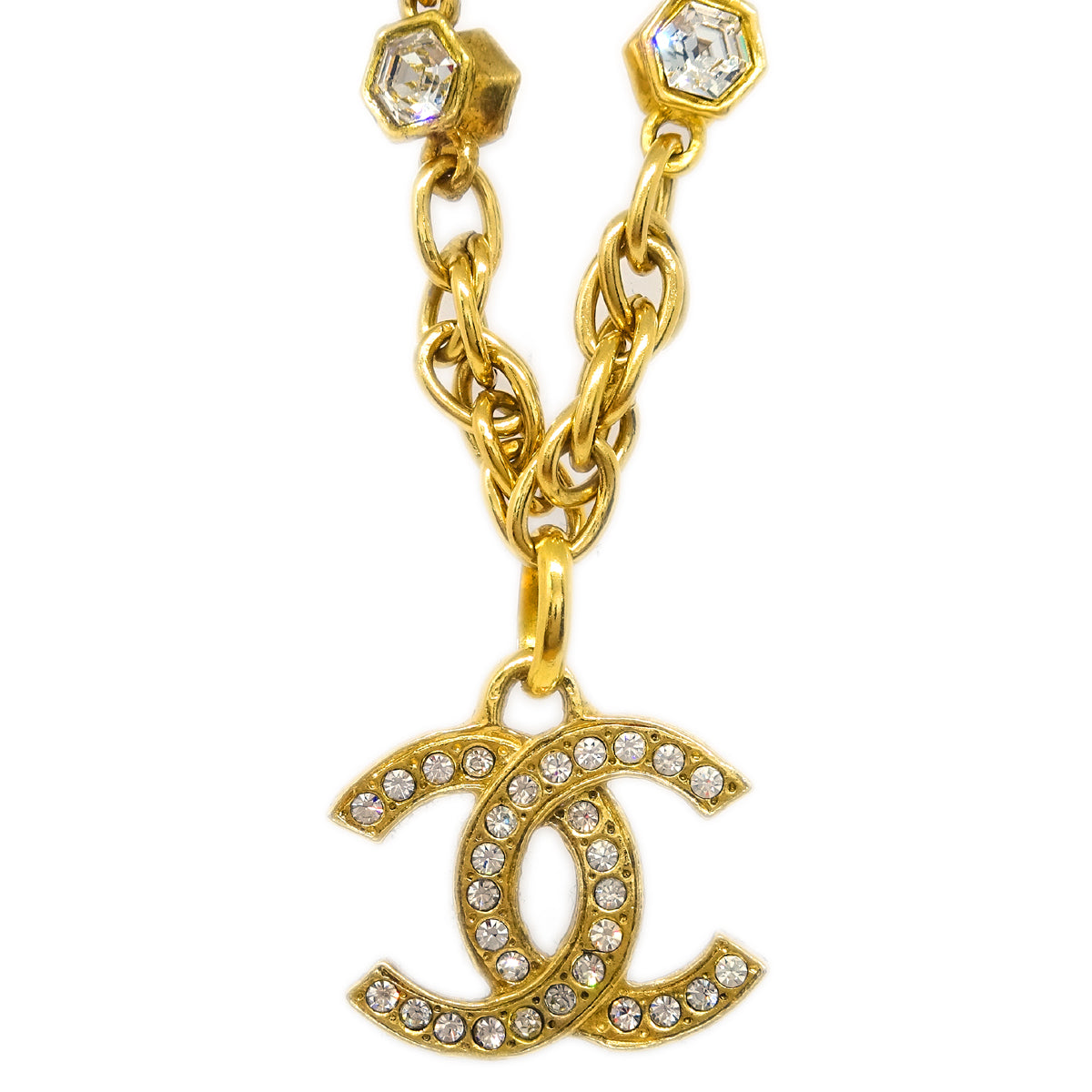 Chanel CC Chain Pendant Necklace Rhinestone Gold
