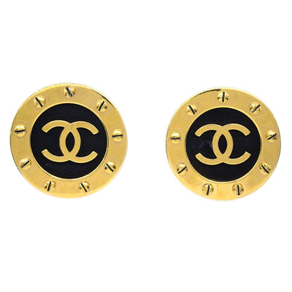 Chanel Button Earrings Clip-On Black Gold 93P