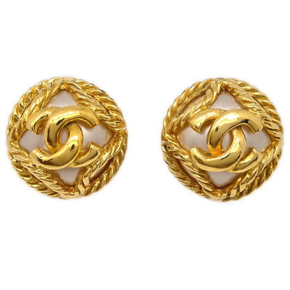 Chanel Button Artificial Pearl Earrings Clip-On Gold 95A